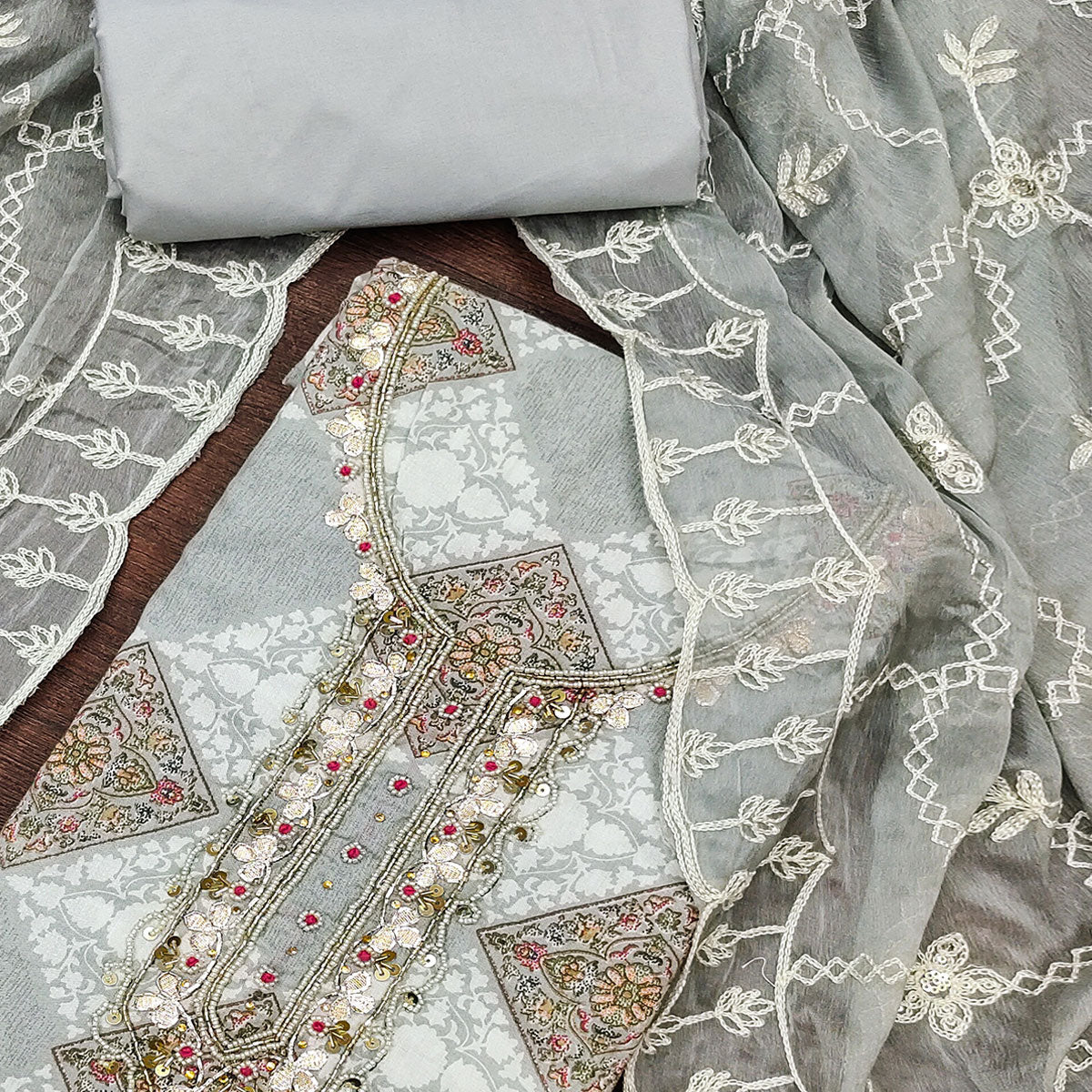 Grey Floral Printed Green Pure Cotton Dress Material With Moti & Gota Patti Handwork Embellishment