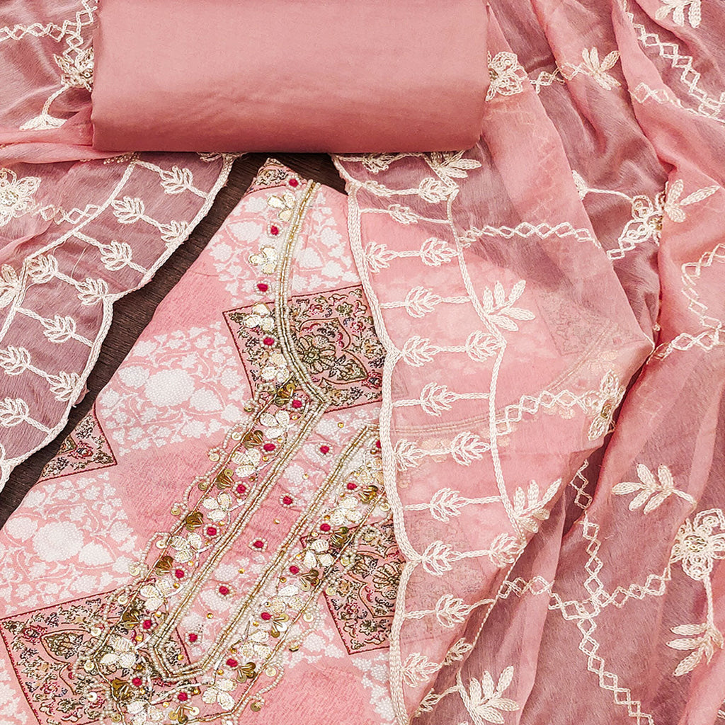 Peach Floral Printed Green Pure Cotton Dress Material With Moti & Gota Patti Handwork Embellishment