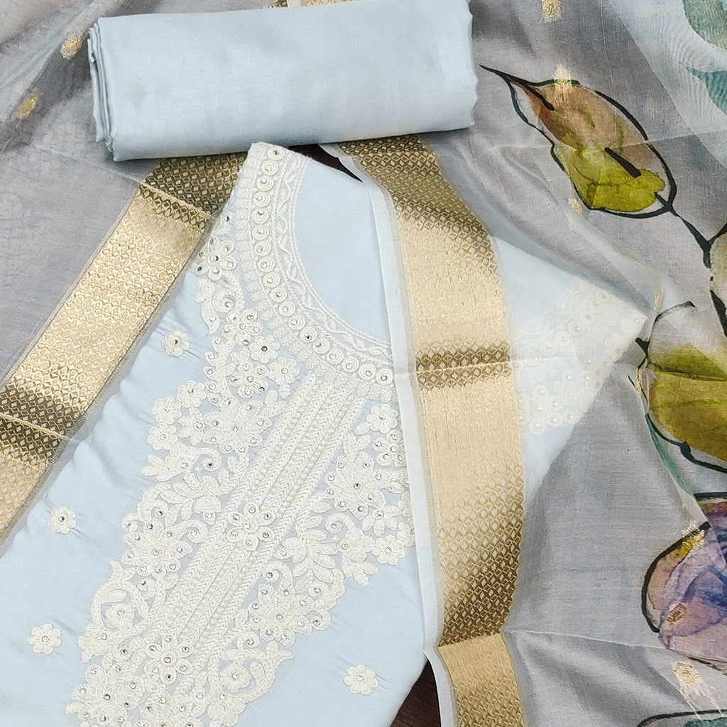 Light Bluish Grey Thread Embroidered Cotton Silk Dress Material With Floral Motifs & Stone Work