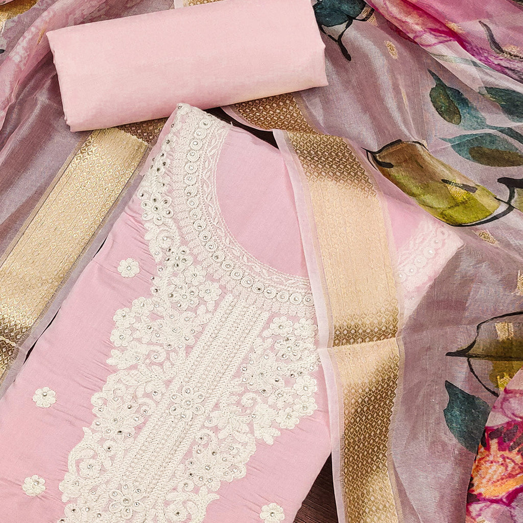 Pink Thread Embroidered Cotton Silk Dress Material With Floral Motifs & Stone Work