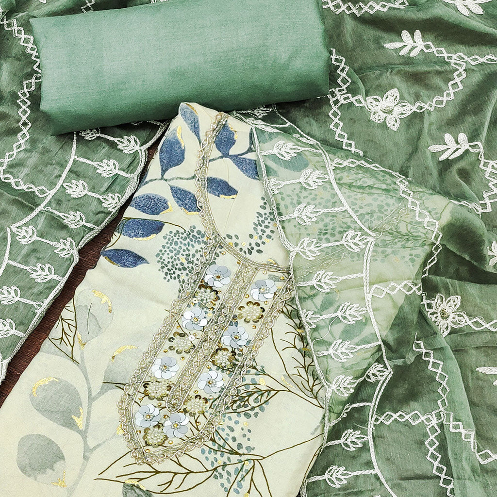 Cream & Green Floral Printed Pure Cotton Dress Material With Intricate Moti & Stones work