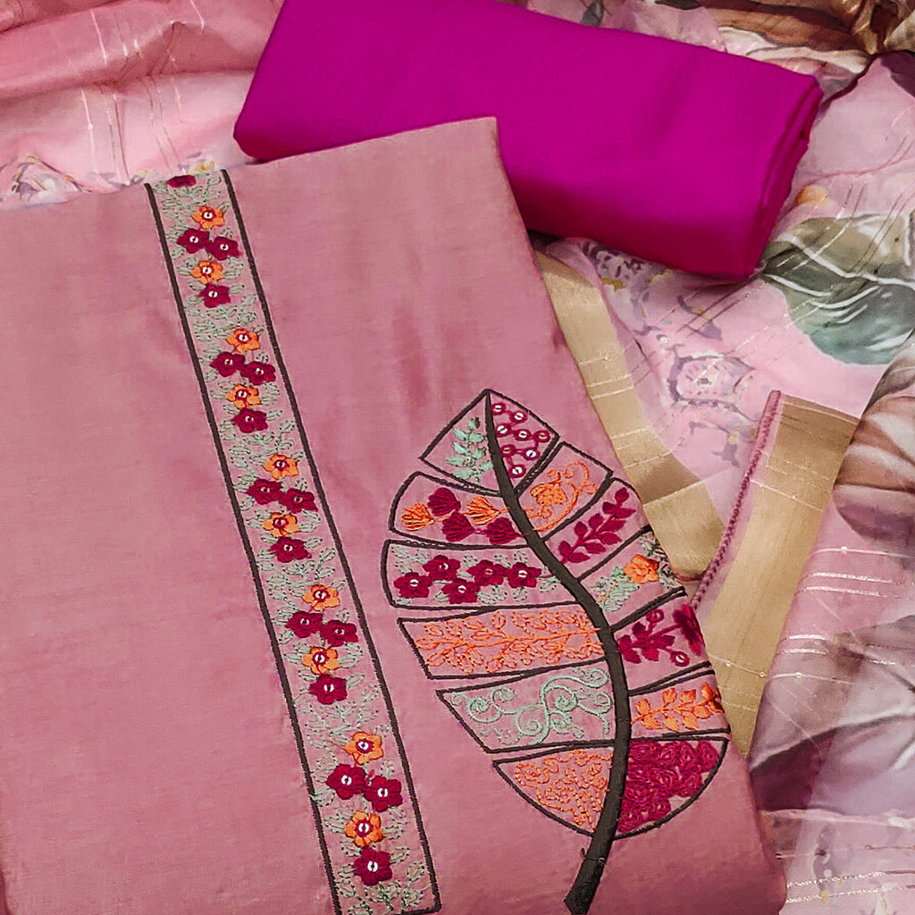 Peach Delight Floral Sequins Embroidered Cotton Silk Dress Material