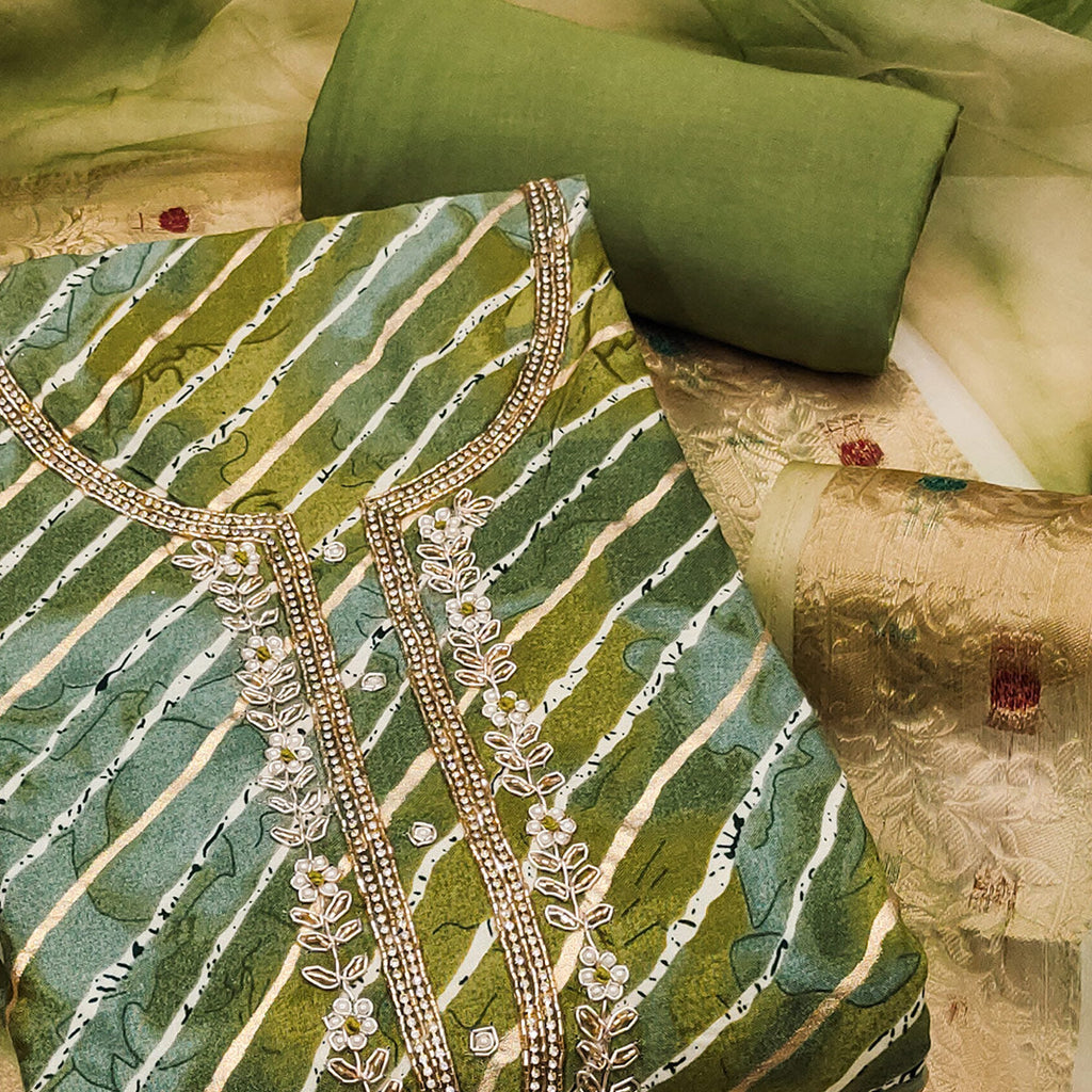 Green Printed With Intricate Moti Handwork Jam Cotton Dress Material