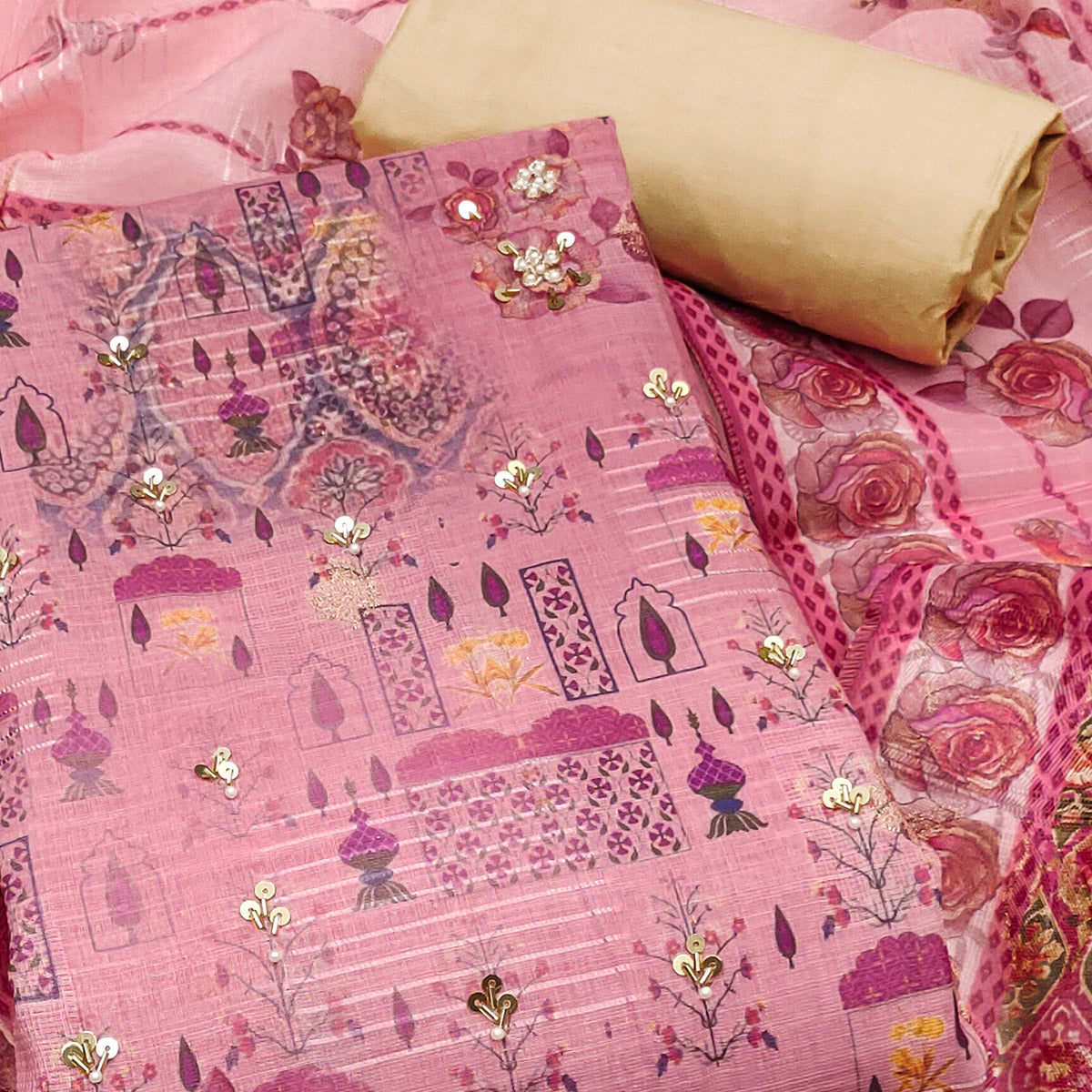 Gajri Pink Digital Printed Viscose Cotton Dress Material With Intricate Moti & Sequins Handwork
