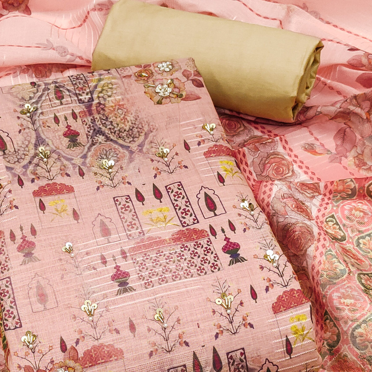 Peach Digital Printed Viscose Cotton Dress Material With Intricate Moti & Sequins Handwork