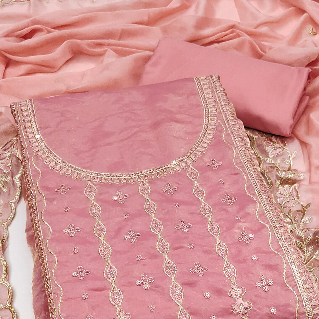 Peach Floral Elegance With Sequins Embroidery On Viscose Satin Dress Material