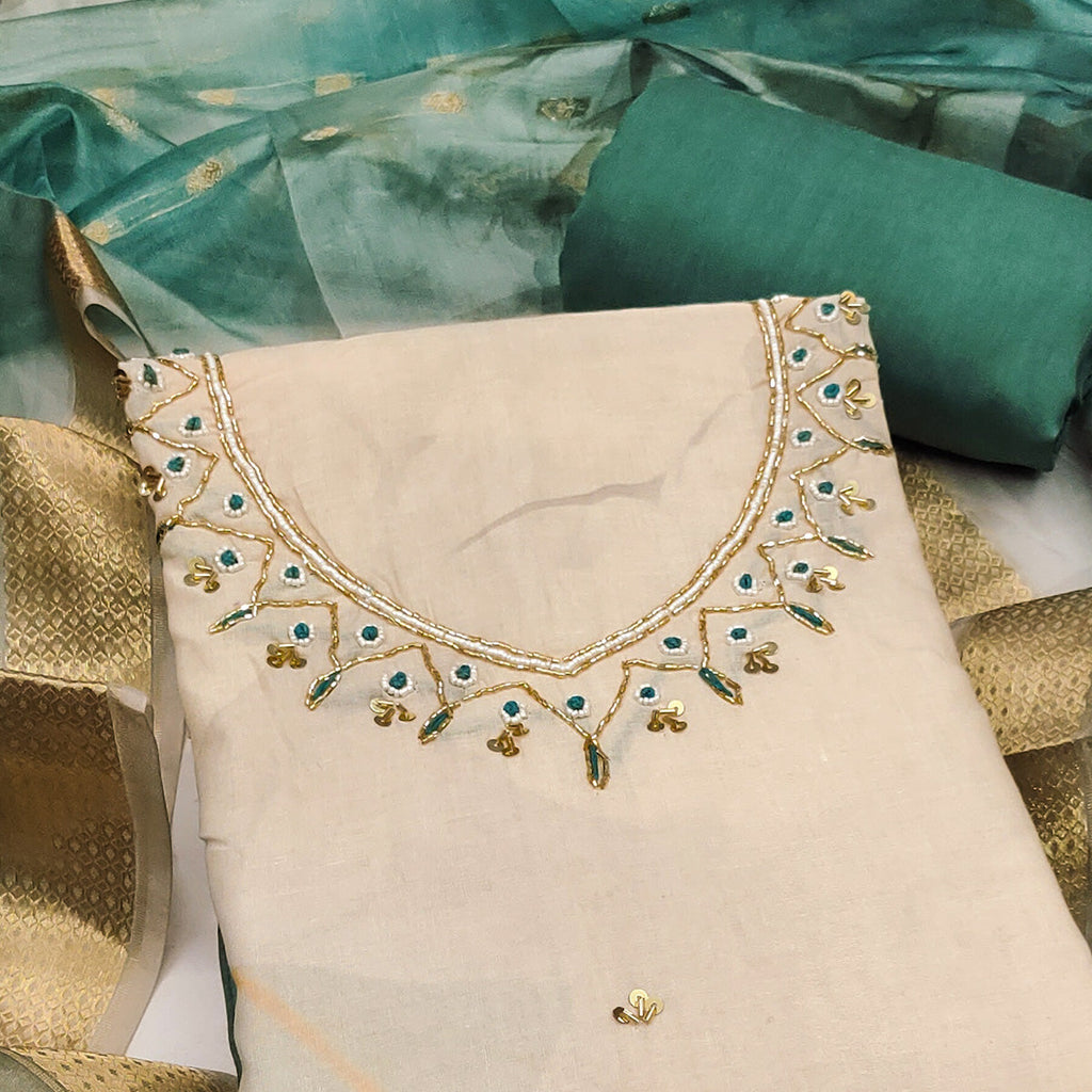 Green Cambric Cotton Dress Material Adorned With Floral Prints & Hand Moti Embellishment