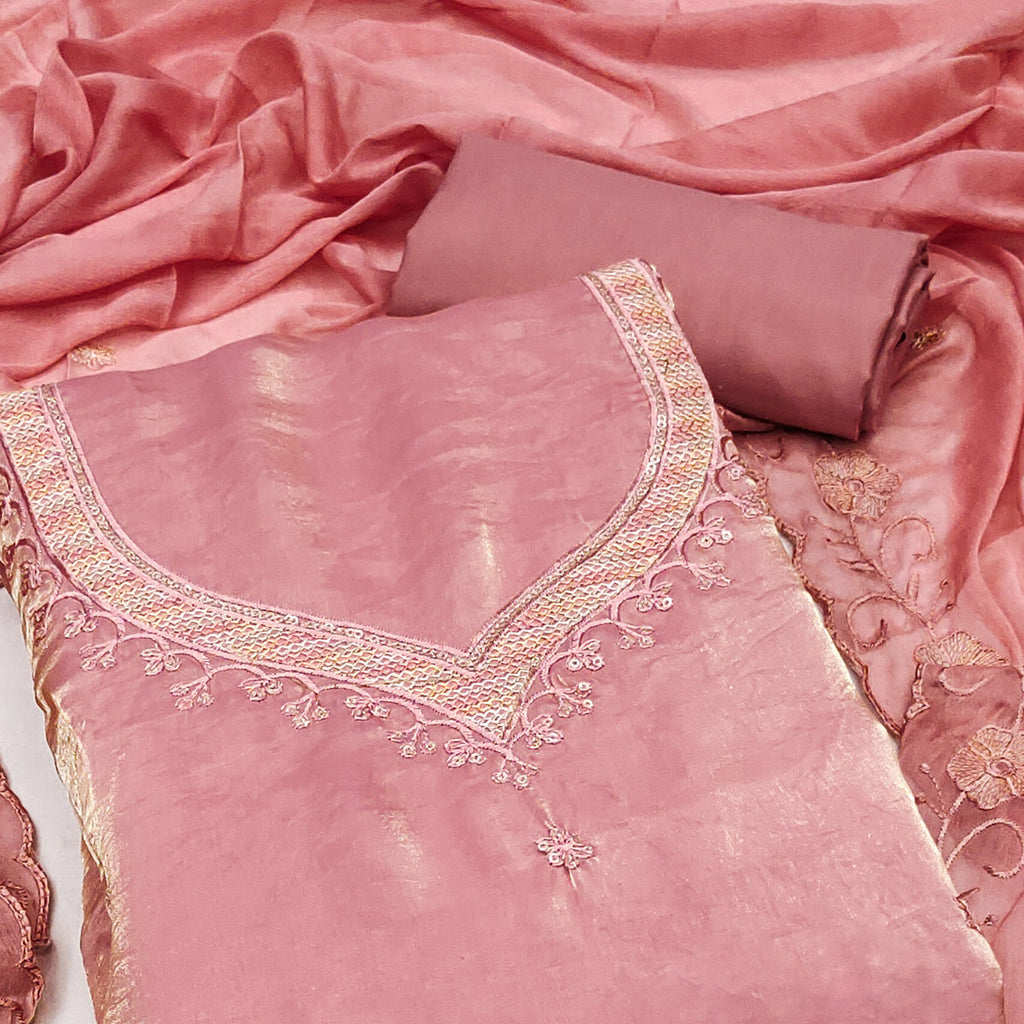 Peach Ensemble With Floral Sequins Embroidery Detailing On Satin Viscose Dress Material