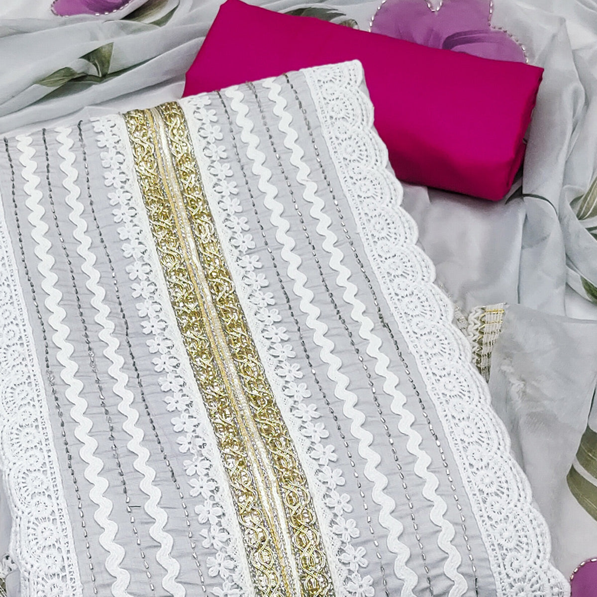 Grey Floral Printed With Intricate Handwork Embroidered Cotton Silk Dress Material