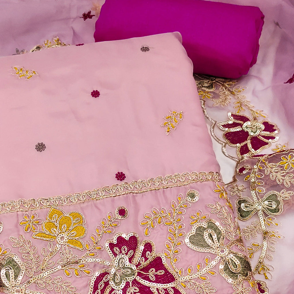 Pink Viscose Organza Dress Material Adorned with Cording & Sequin Embroidery Work