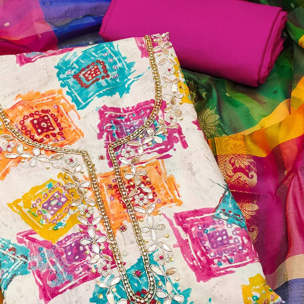 Pink Print & Delicate Moti With Gota Patti Work Cotton Silk Dress Material