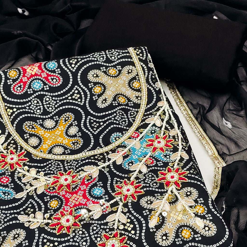 Black Bandhani Printed Pure Cotton Dress Material With Delicate Moti & Gota Patti Handwork