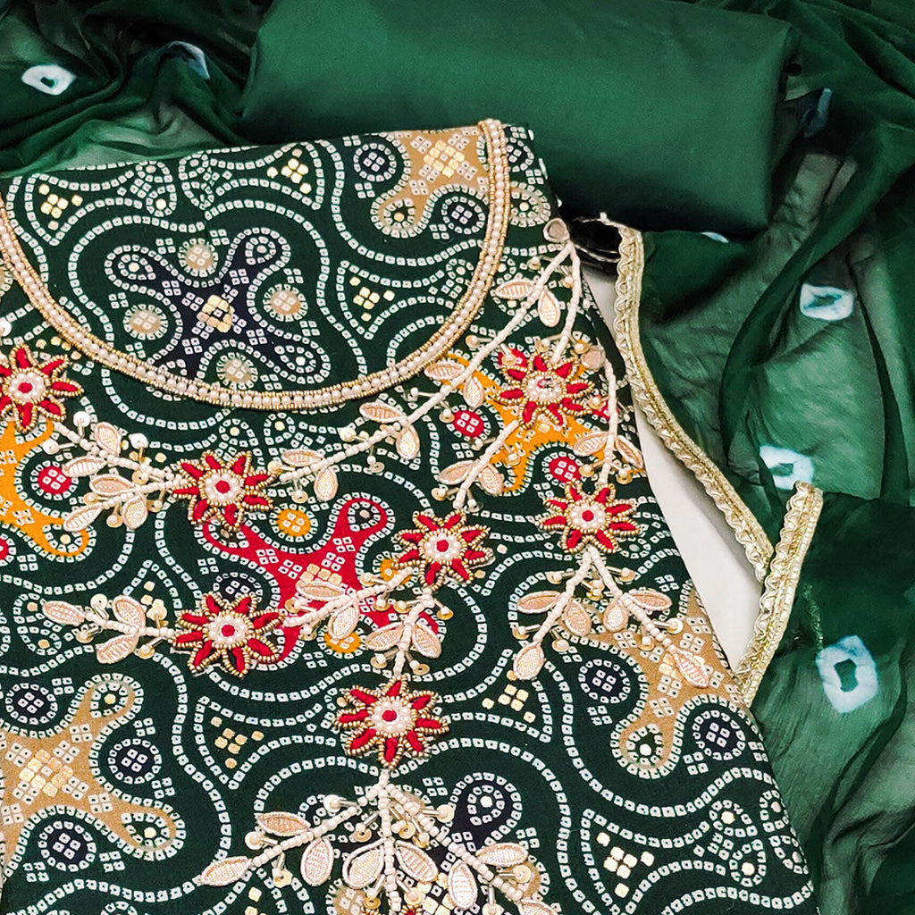 Green Bandhani Printed Pure Cotton Dress Material With Delicate Moti & Gota Patti Handwork