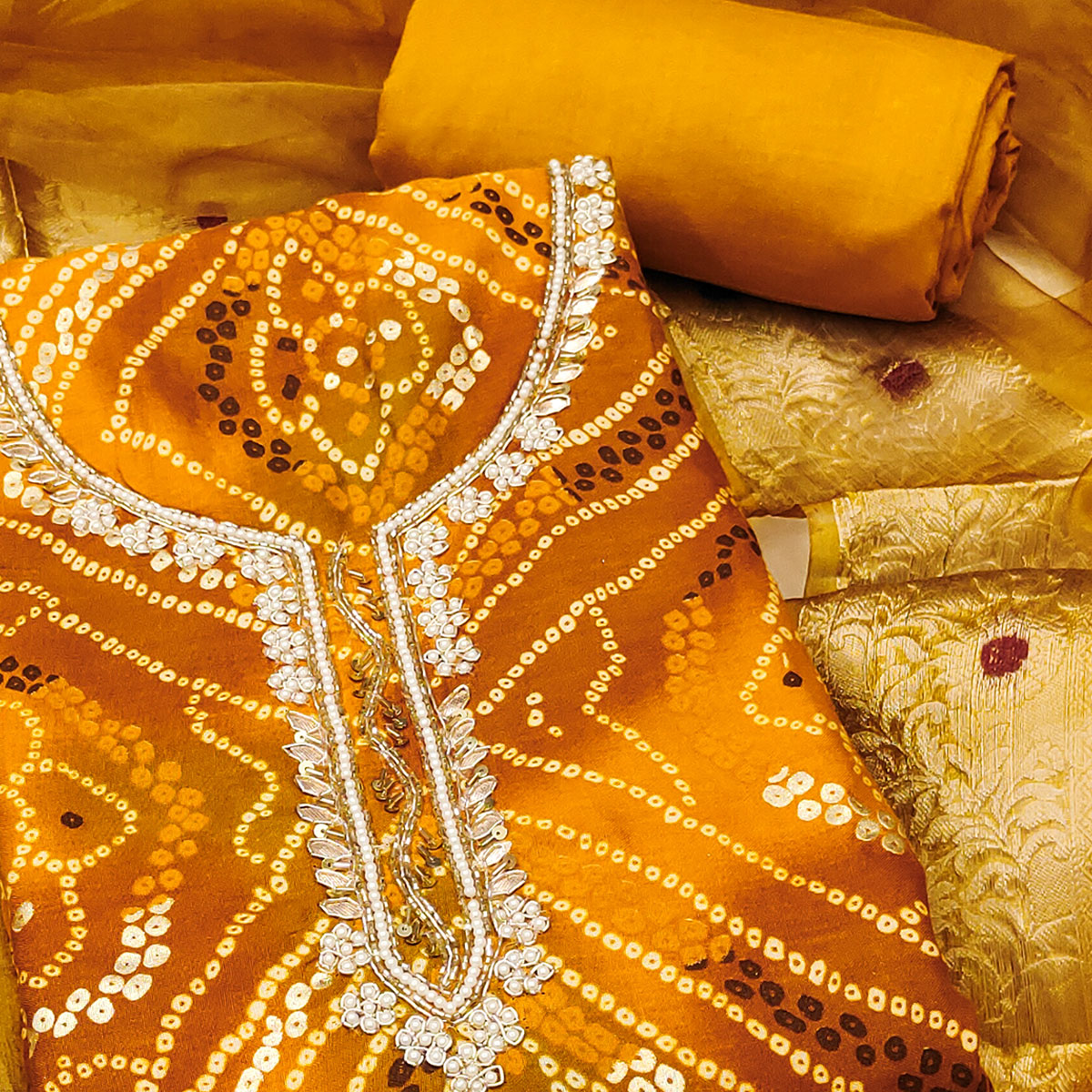 Mustard Bandhani Printed Pure Cotton Dress Material With Artistic Moti & Gota Patti Handwork