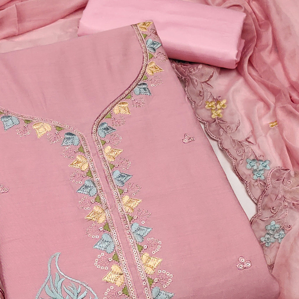 Peach Dress Material In Cotton Silk With Floral Embroidery & Sequin Accents