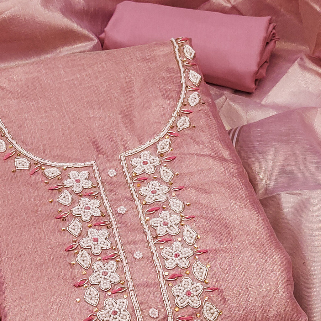 Dusty Rose Pink Shimmer Cotton  Pure Cotton Dress Material With Intricate Moti & Stones Handwork