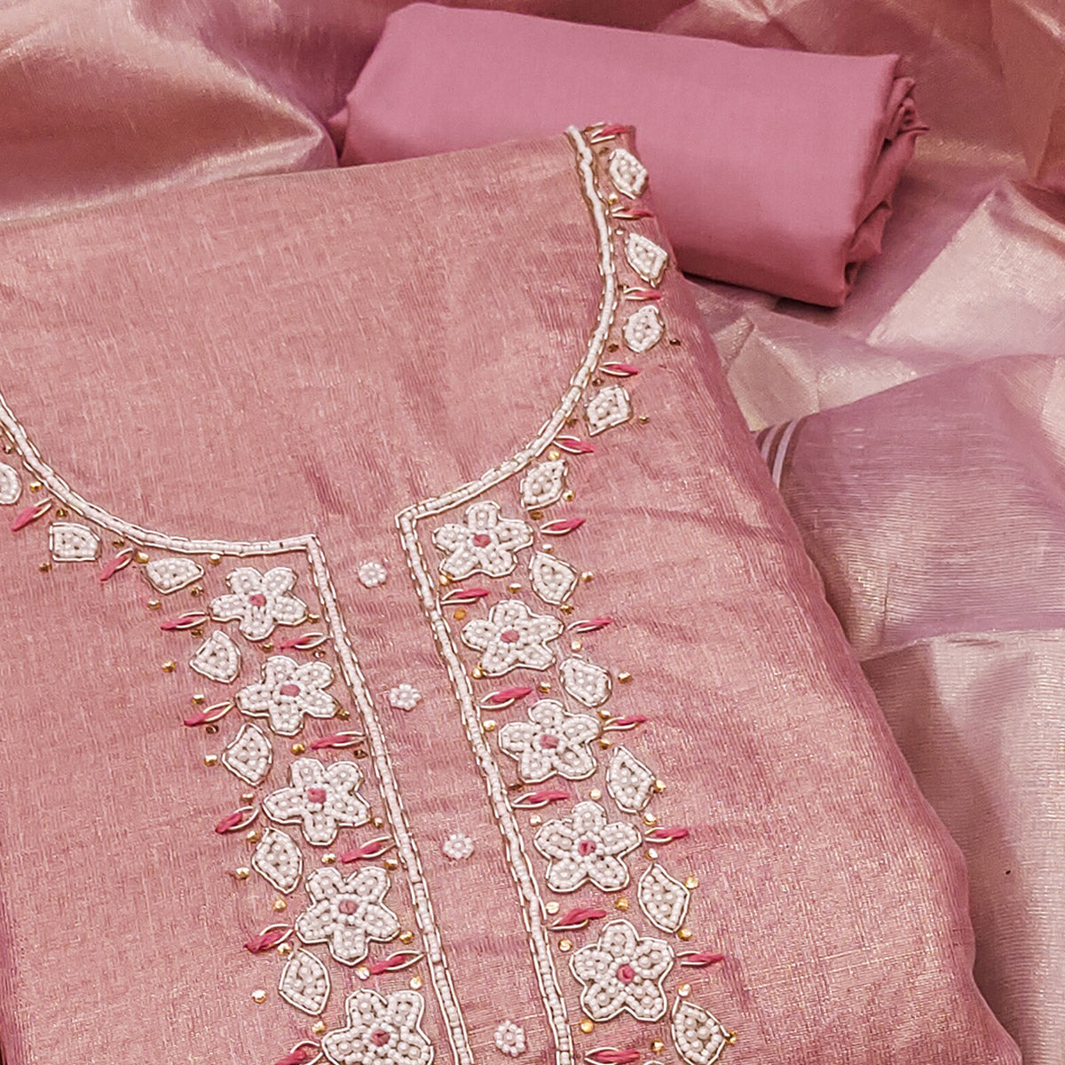 Dusty Rose Pink Shimmer Cotton  Pure Cotton Dress Material With Intricate Moti & Stones Handwork