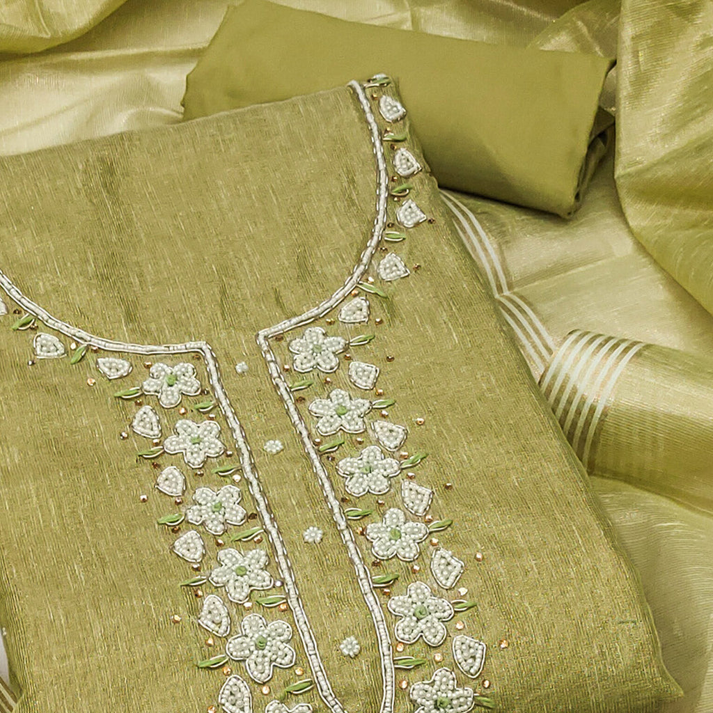 Green Shimmer Cotton  Pure Cotton Dress Material With Intricate Moti & Stones Handwork