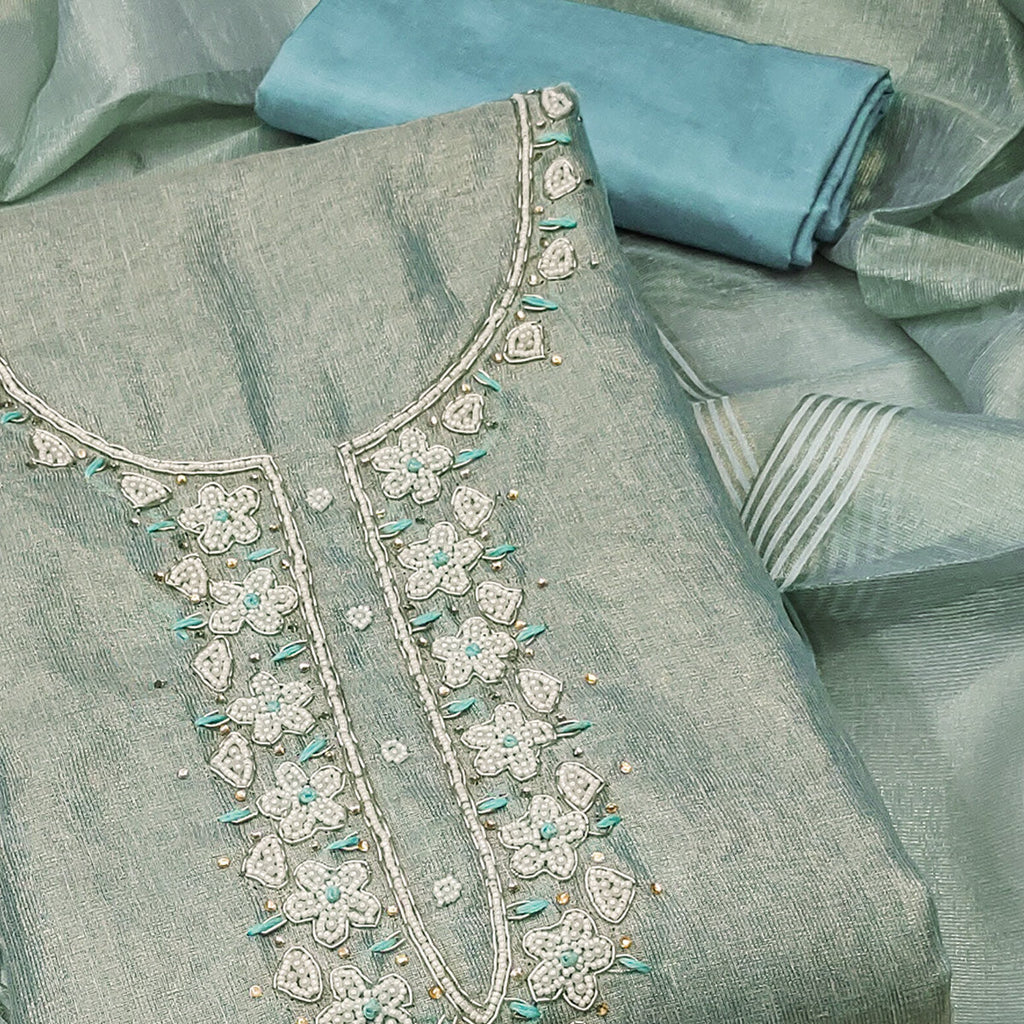 Pastel Sea Green Shimmer Cotton  Pure Cotton Dress Material With Intricate Moti & Stones Handwork