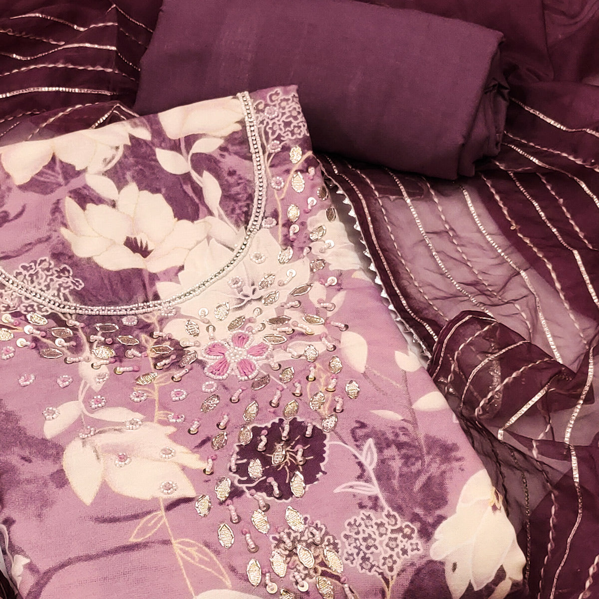 Mauve Floral Printed With Intricate Moti & Sequins Handwork Cotton Silk Dress Material