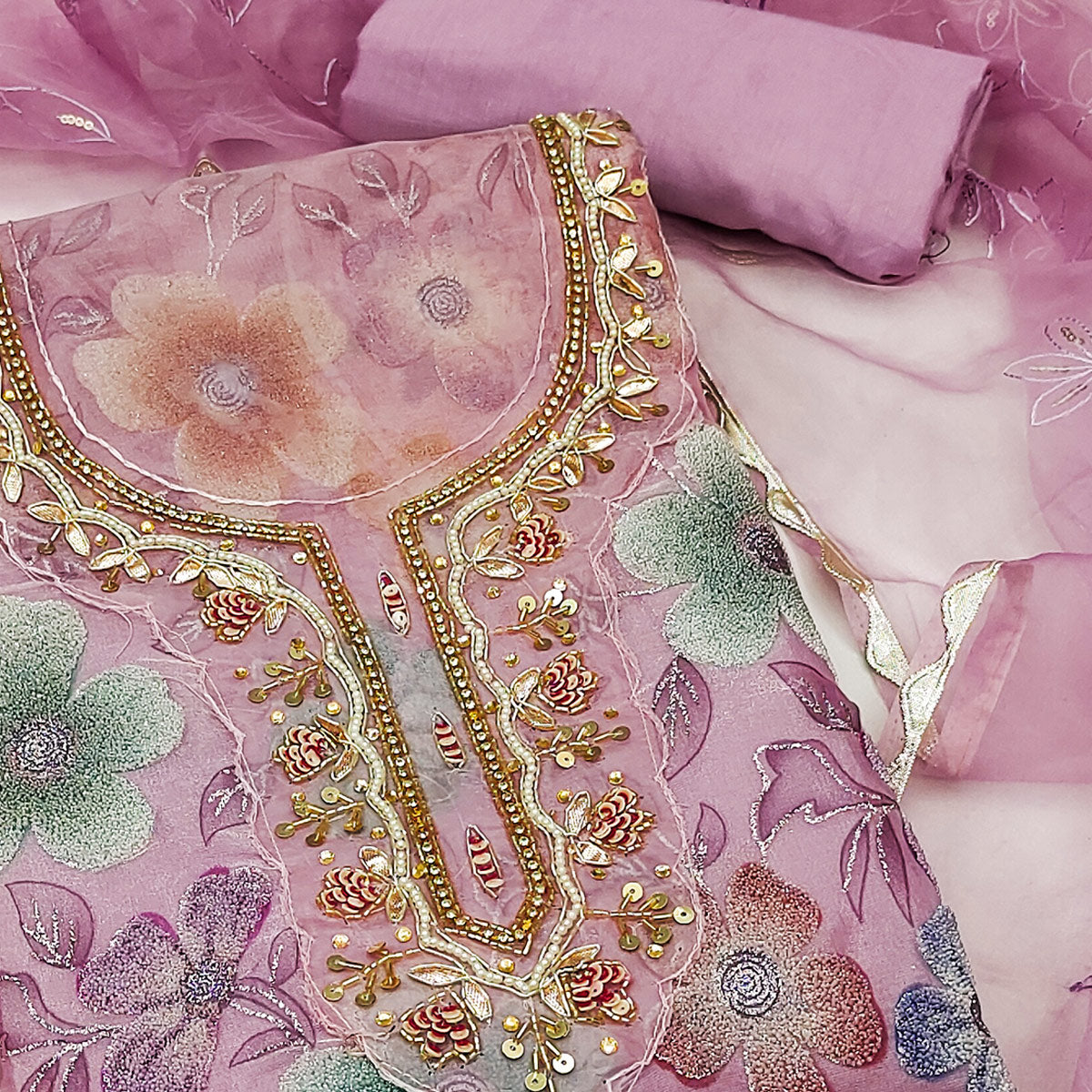 Pink Delight Floral Printed With Moti & Sequins Handwork Viscose Dress Material