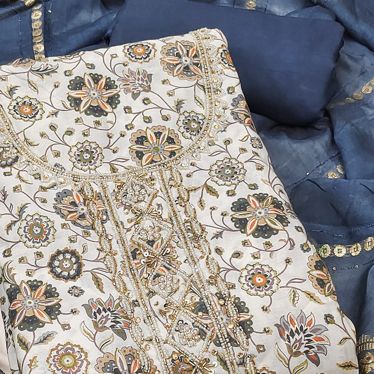 Grey Floral Printed Roman Cotton Silk Dress Material With Intricate Moti & Sequins Handwork