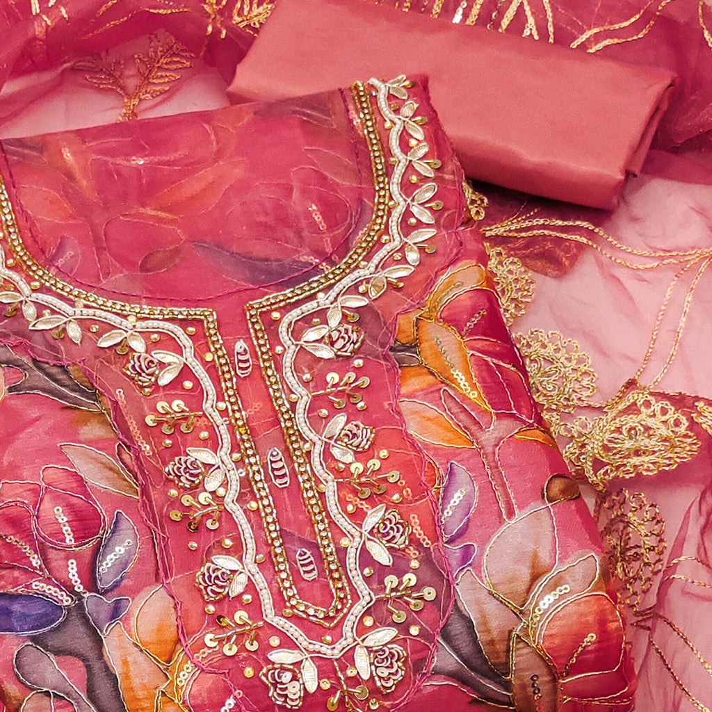 Gajri Pink Bloom Charm With Floral Print & Delicate Sequins & Moti Handwork Dress Material