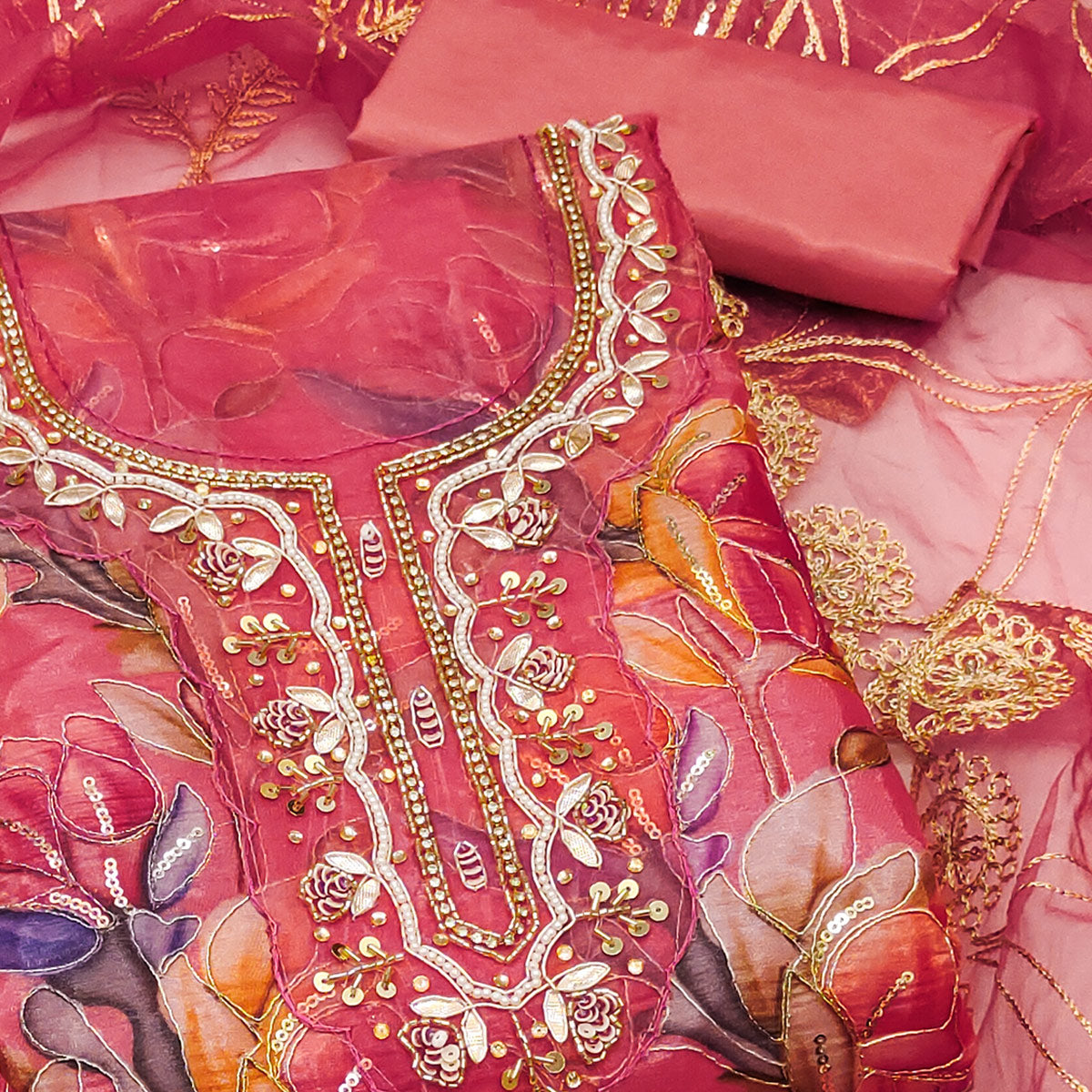 Gajri Pink Bloom Charm With Floral Print & Delicate Sequins & Moti Handwork Dress Material