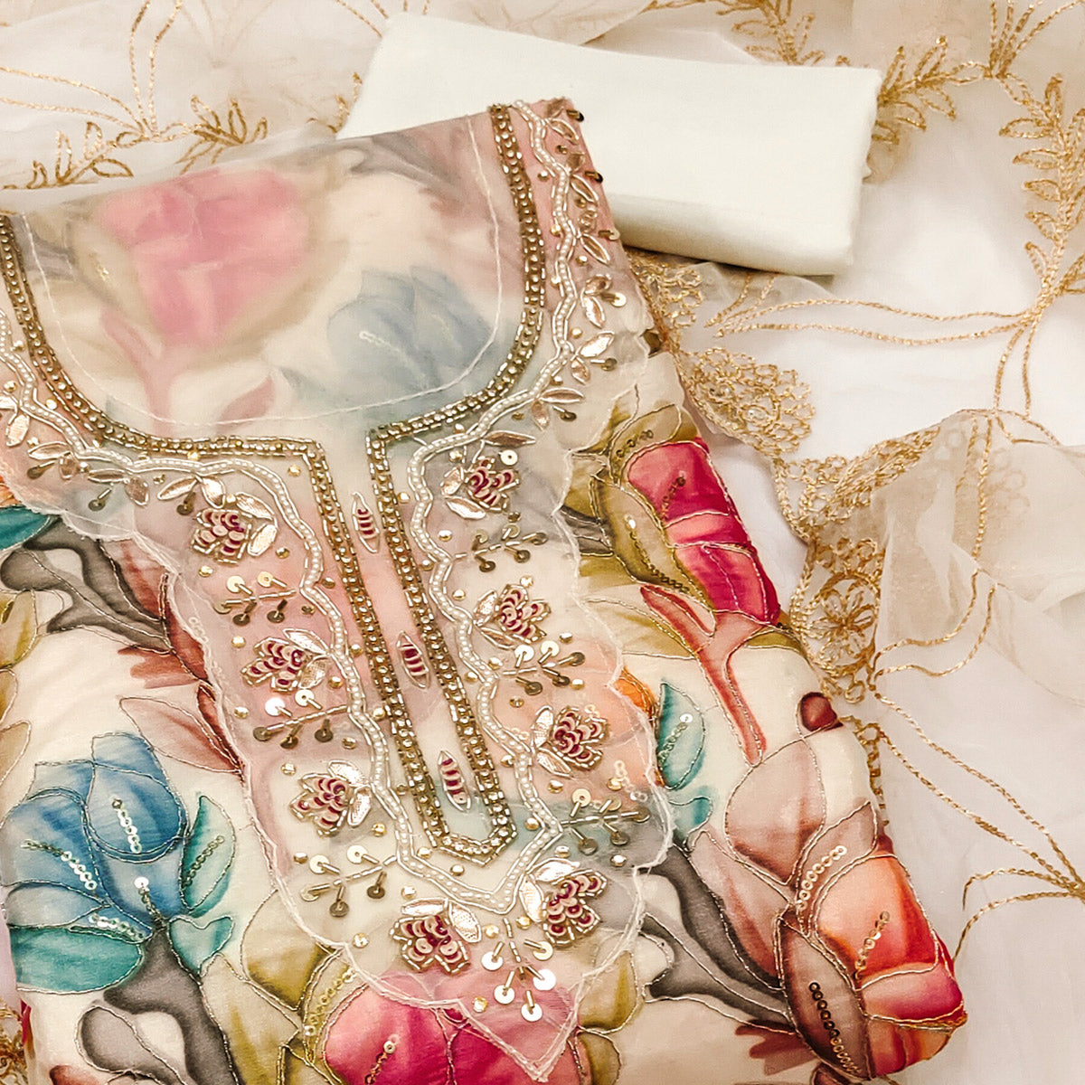 Offwhite Bloom Charm With Floral Print & Delicate Sequins & Moti Handwork Dress Material