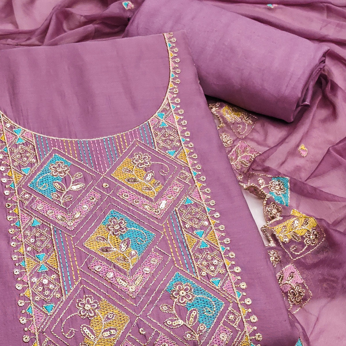 Dusty Mauve Floral Embroidered Cotton Silk Dress Material With Glimmering Sequins Work