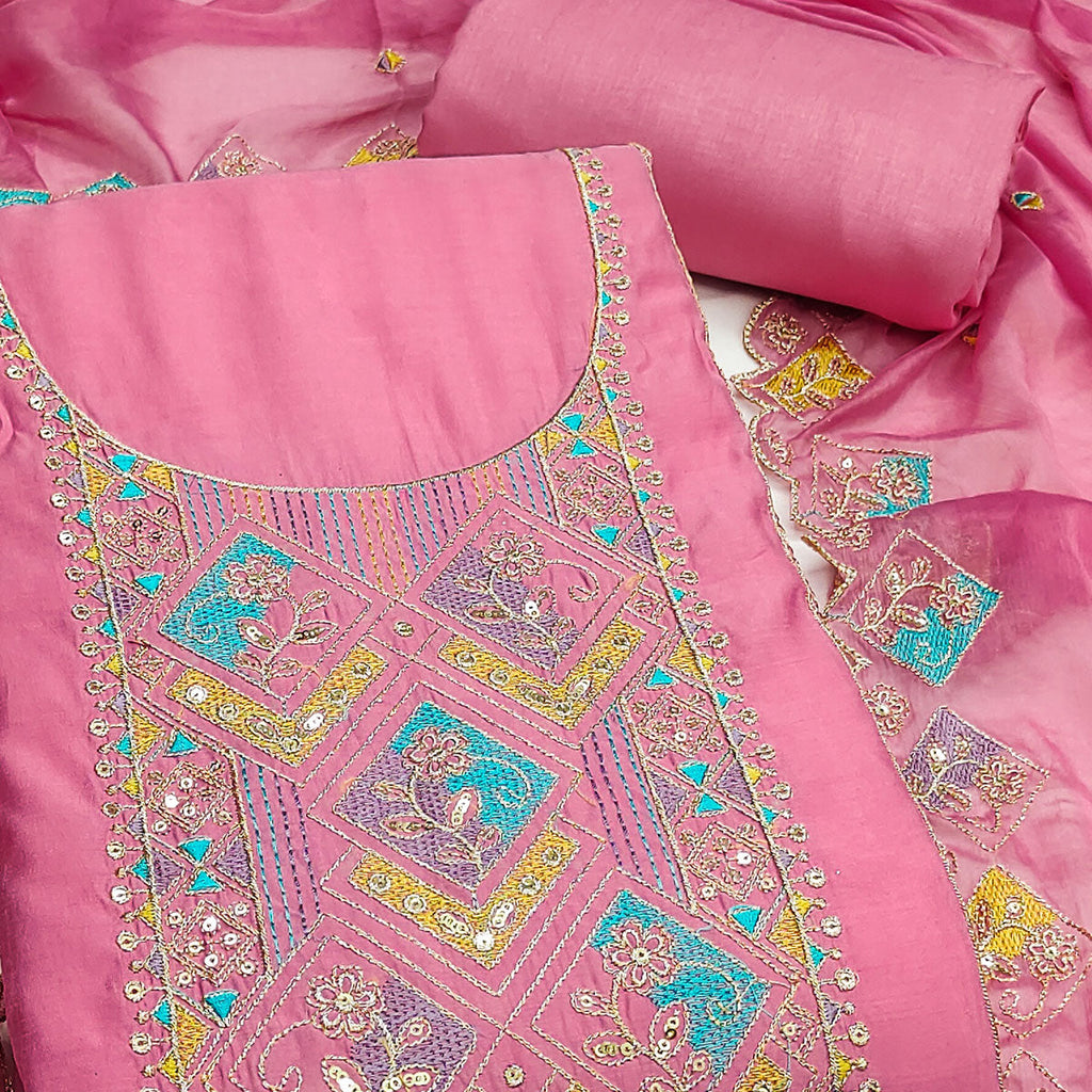 Pink Floral Embroidered Cotton Silk Dress Material With Glimmering Sequins Work
