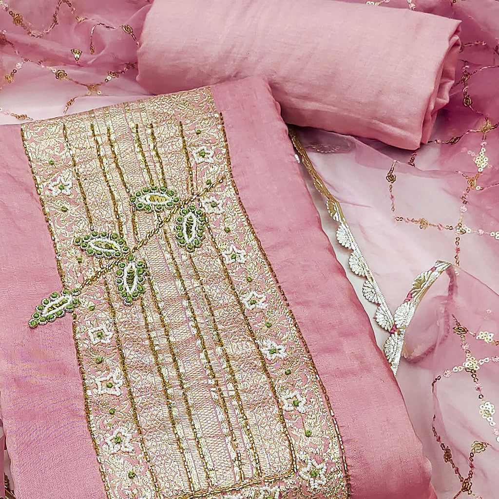 Peach Woven With Intricate Moti Handwork Banarasi Cotton Dress Material