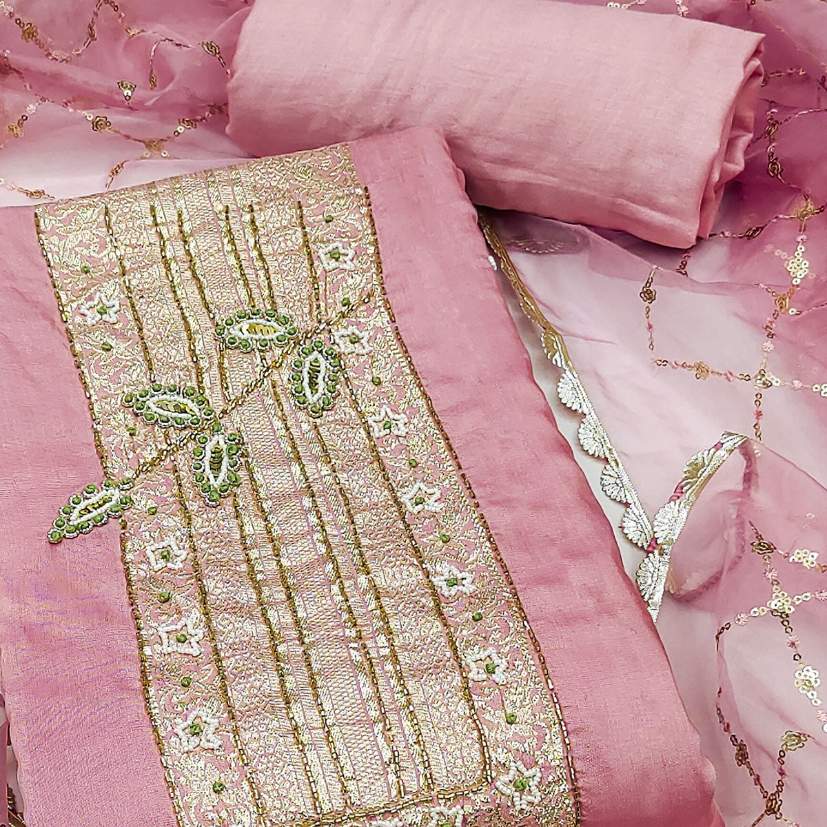 Peach Woven With Intricate Moti Handwork Banarasi Cotton Dress Material