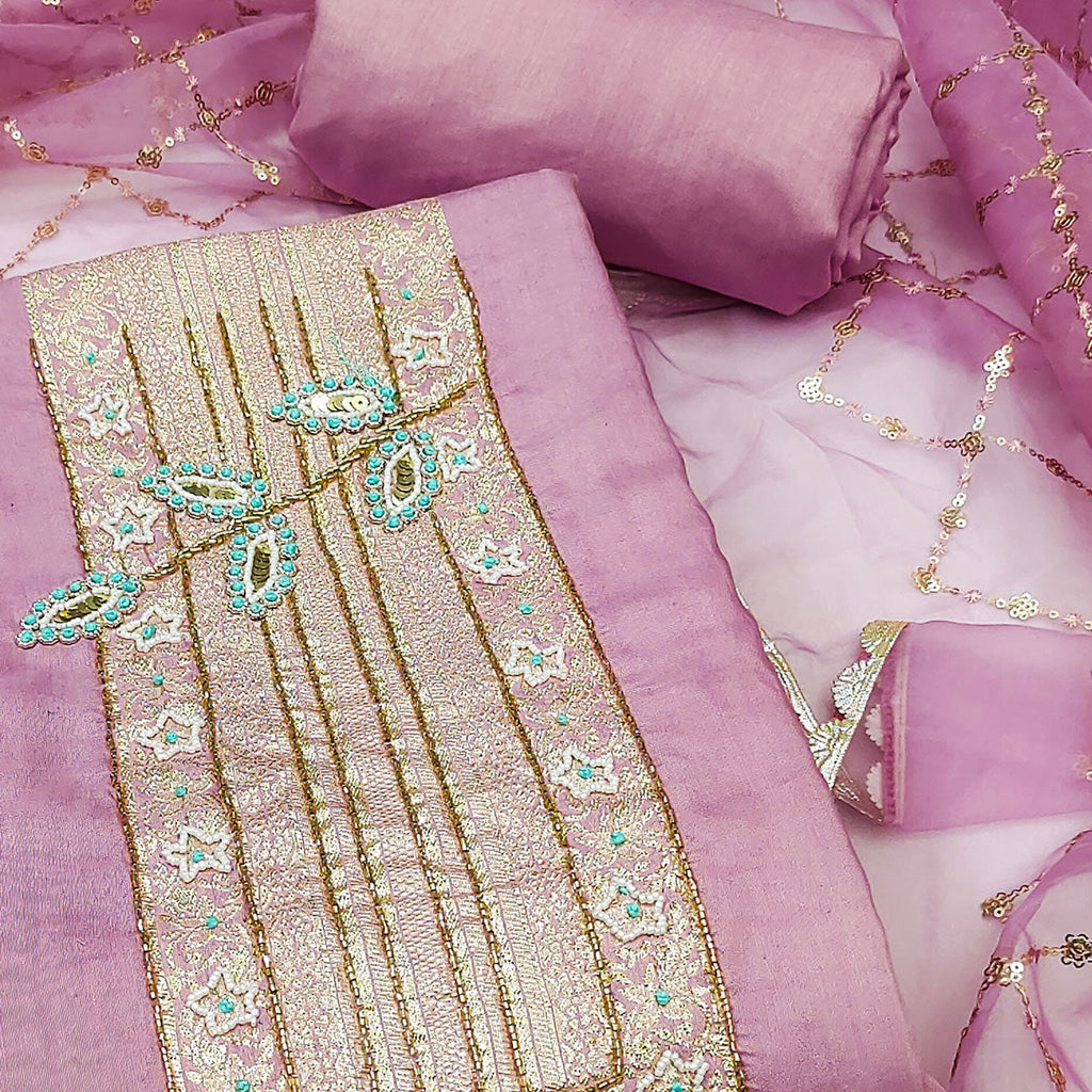 Pink Woven With Intricate Moti Handwork Banarasi Cotton Dress Material