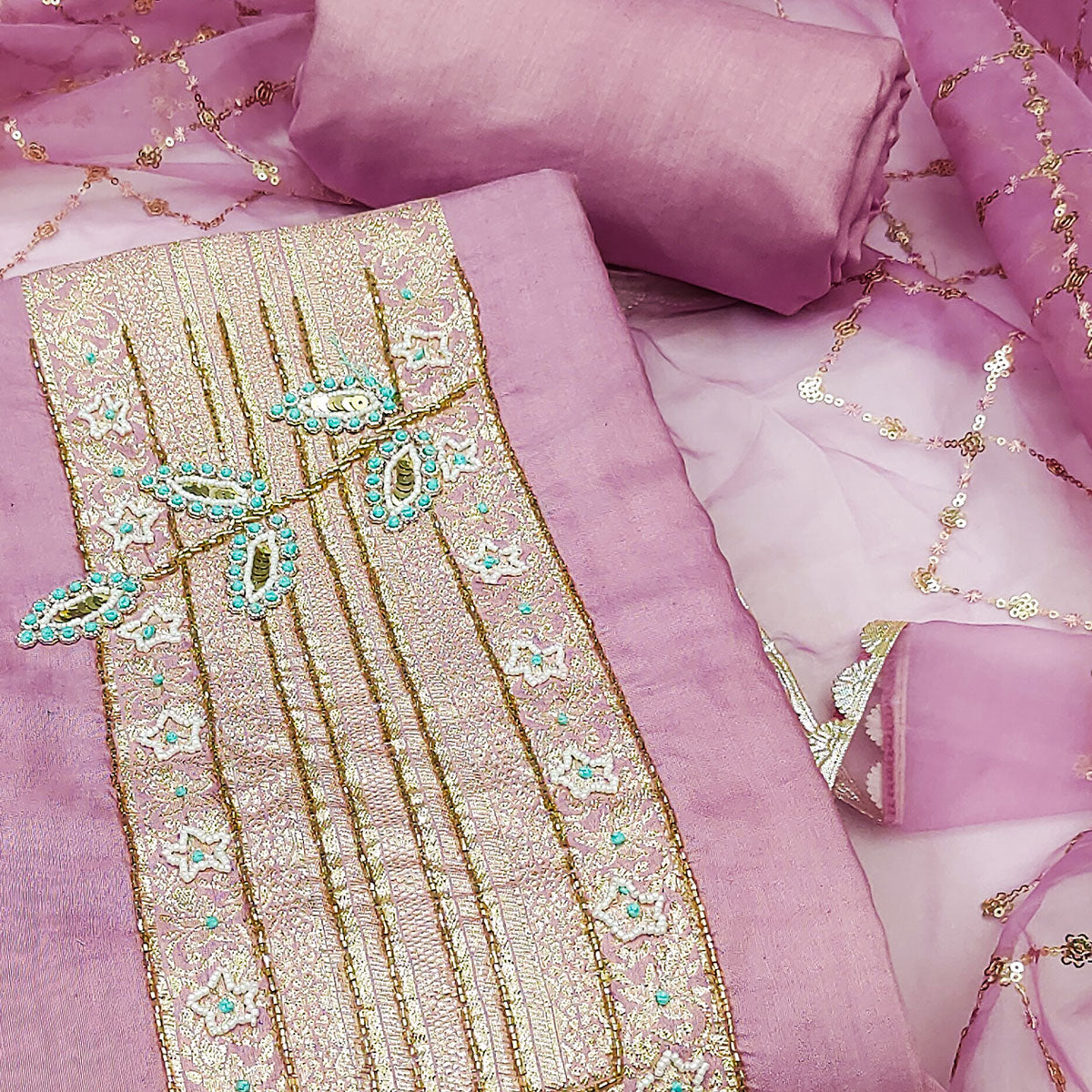 Pink Woven With Intricate Moti Handwork Banarasi Cotton Dress Material