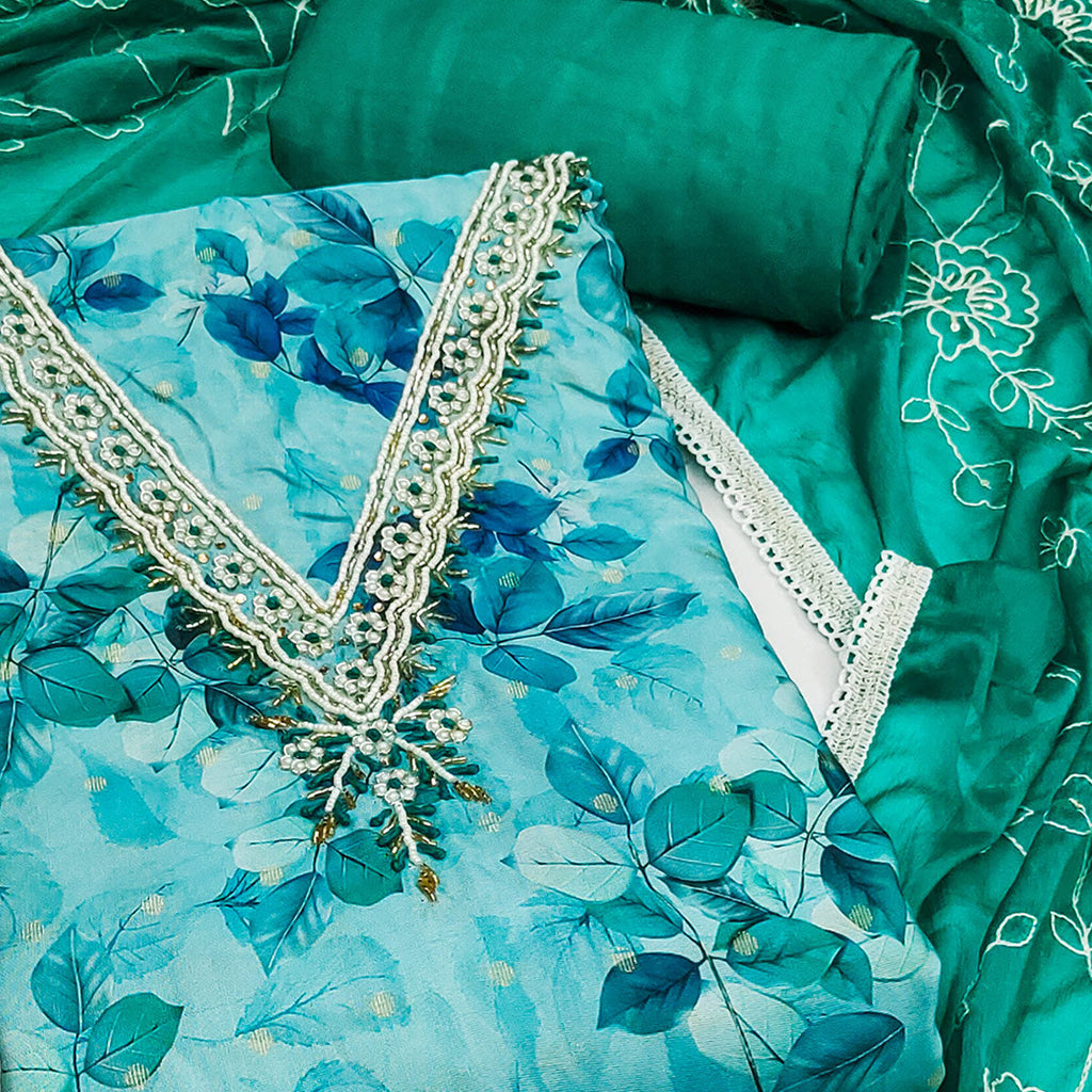 Blue Banarasi Silk Dress Material With Digital Print & Moti Handwork