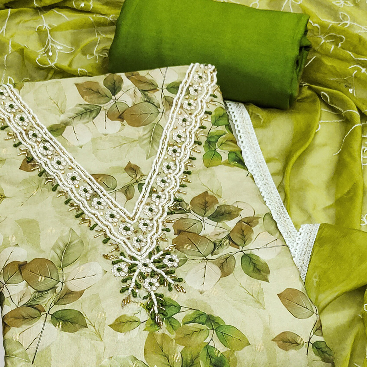Green Banarasi Silk Dress Material With Digital Print & Moti Handwork