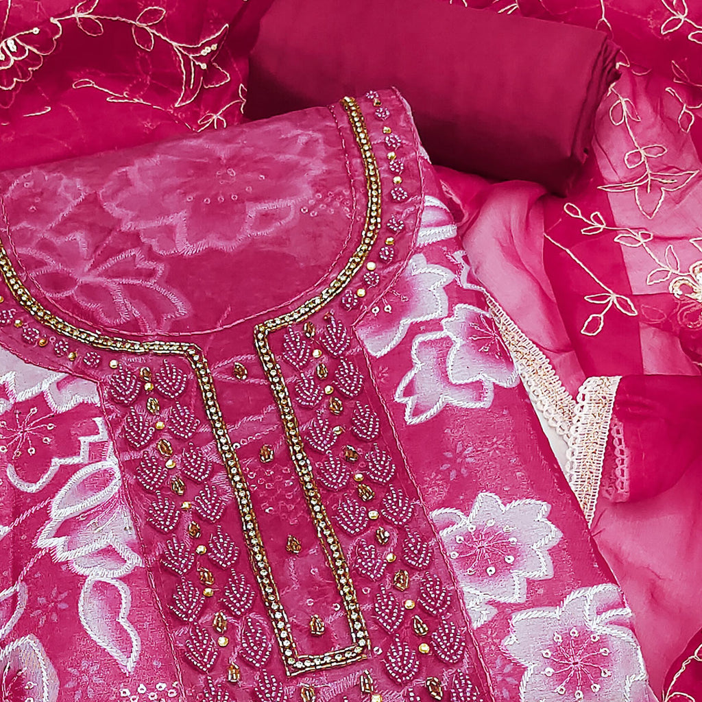 Pink Delicate Floral Sequins & Hand Embellishments On Flowing Organza Dress Material