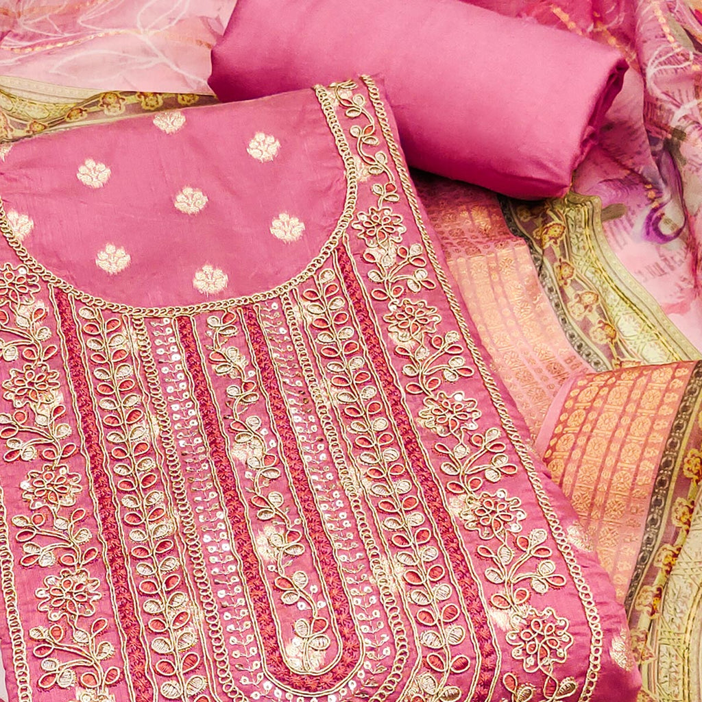 Gajari Pink Woven Banarasi Cotton Silk Dress Material Accented With Sequins Embroidery