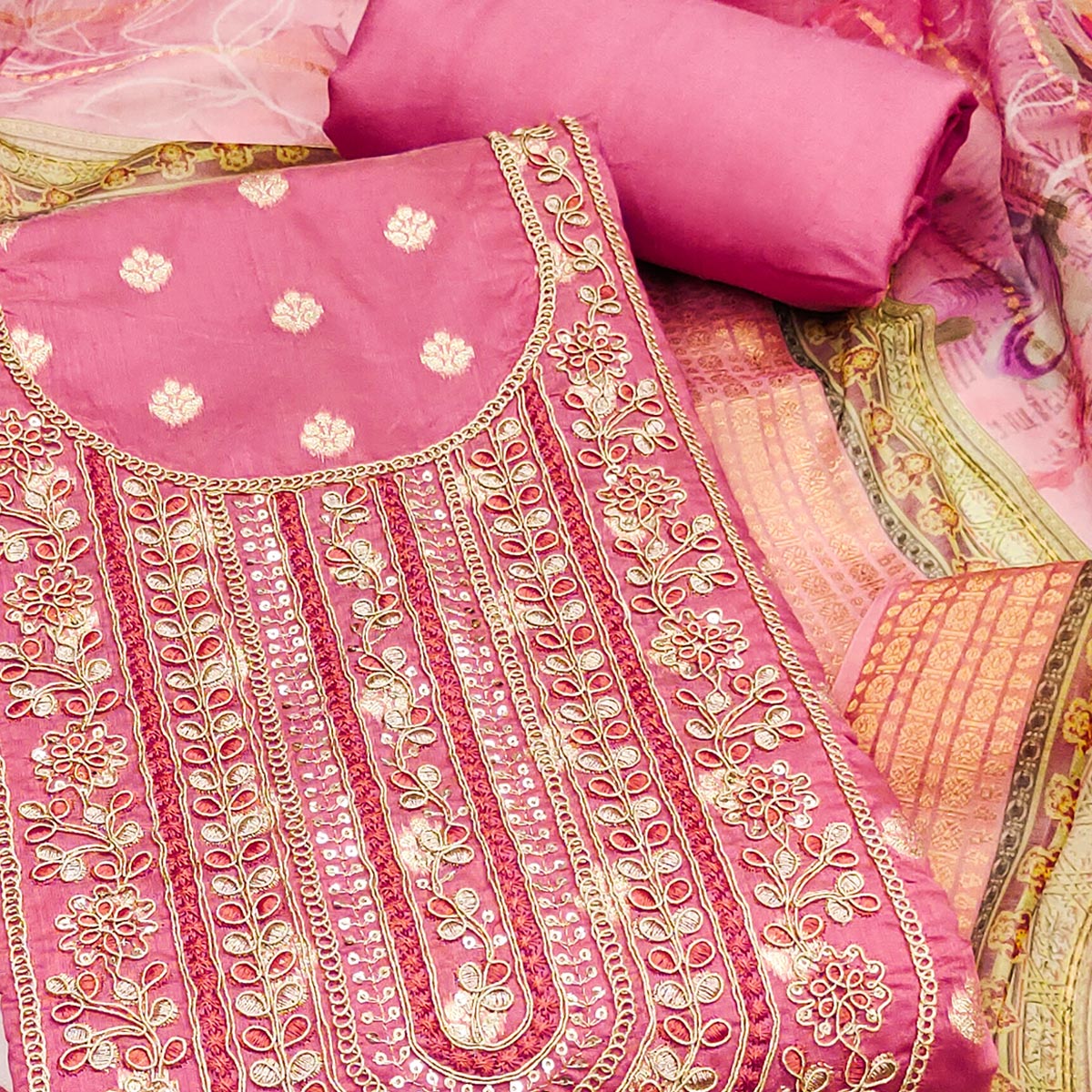 Gajari Pink Woven Banarasi Cotton Silk Dress Material Accented With Sequins Embroidery