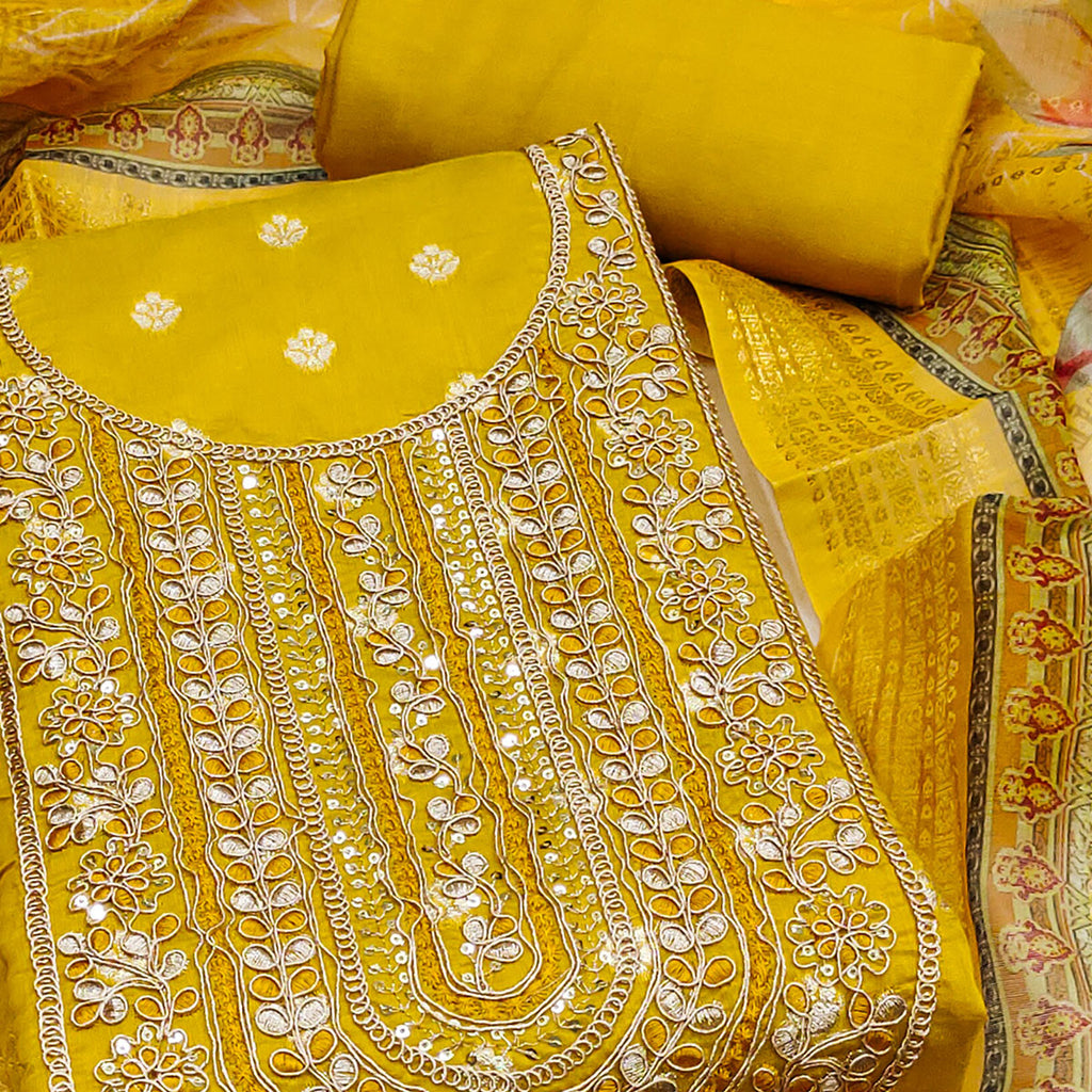 Mustard Woven Banarasi Cotton Silk Dress Material Accented With Sequins Embroidery