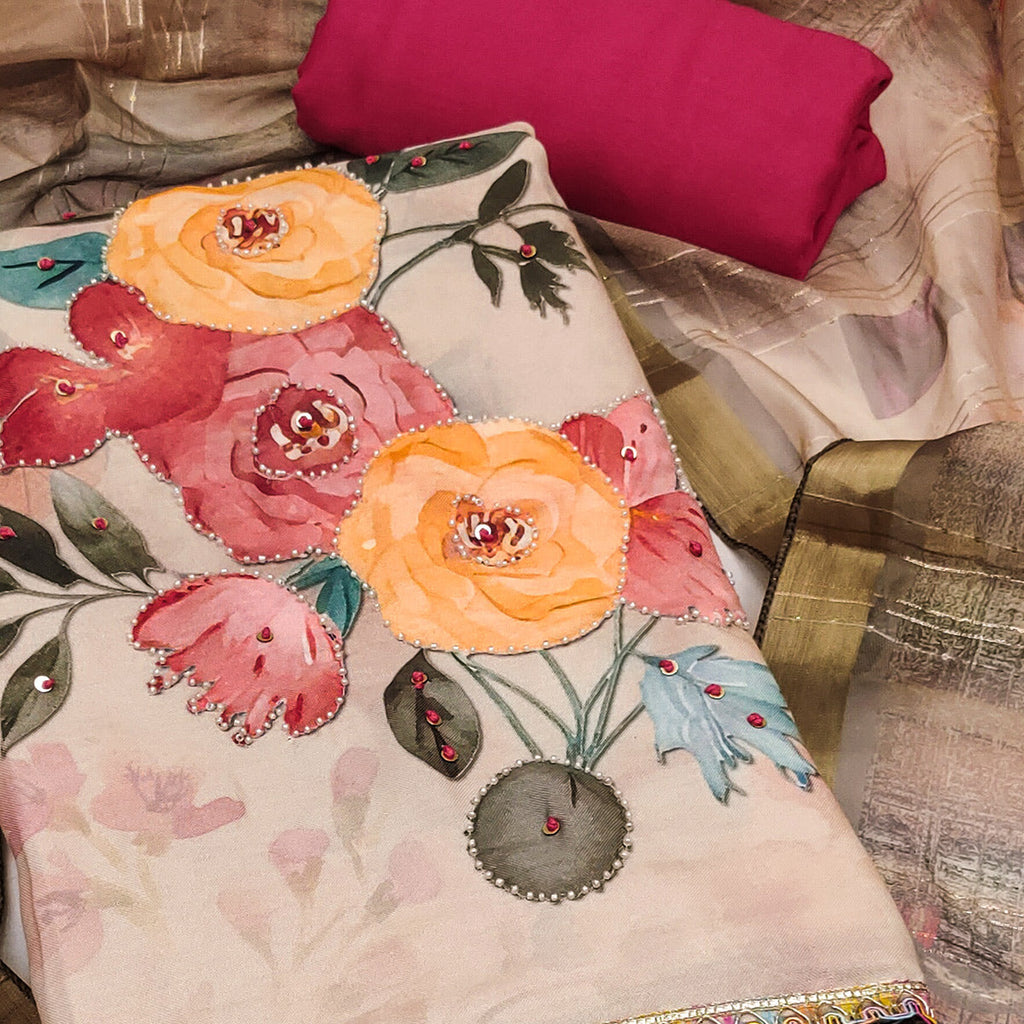 Beige Pure Cotton Dress Material With Floral Digital Print & Fine Handwork