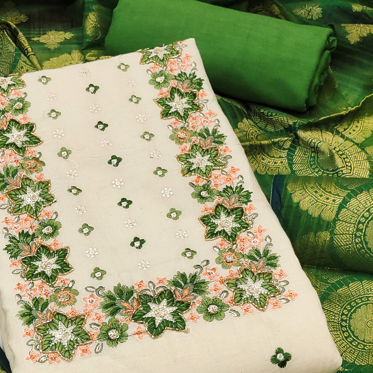 Floral Sequins Embroidered Cream & Green Pure Cotton Dress Material With Delicate Handwork