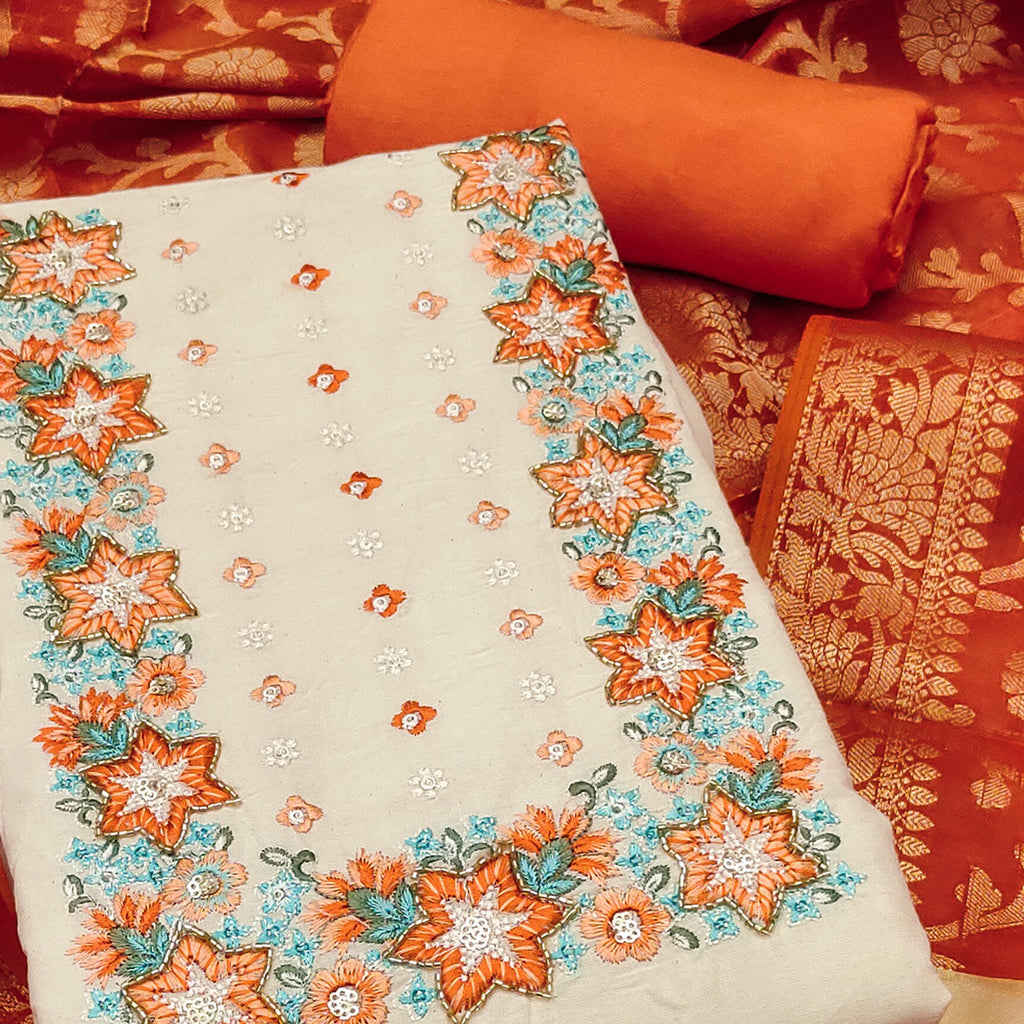 Floral Sequins Embroidered Cream & Orange Pure Cotton Dress Material With Delicate Handwork