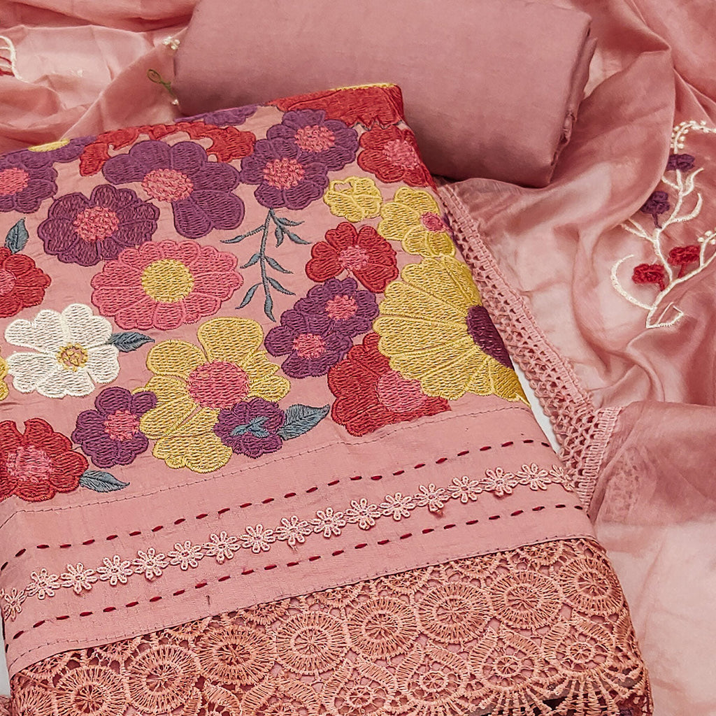 Peach Roman Cotton Silk Dress Material Adorned With Elegant Floral Thread Embroidered Work