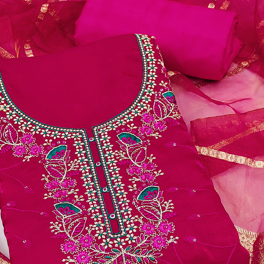 Pink Georgette Silk Dress Material Beautified With Floral Sequins Embroidery