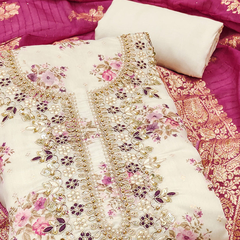 Cream Chanderi Silk Dress Material Adorned With Floral Sequins Embroidery & Delicate Moti Handwork