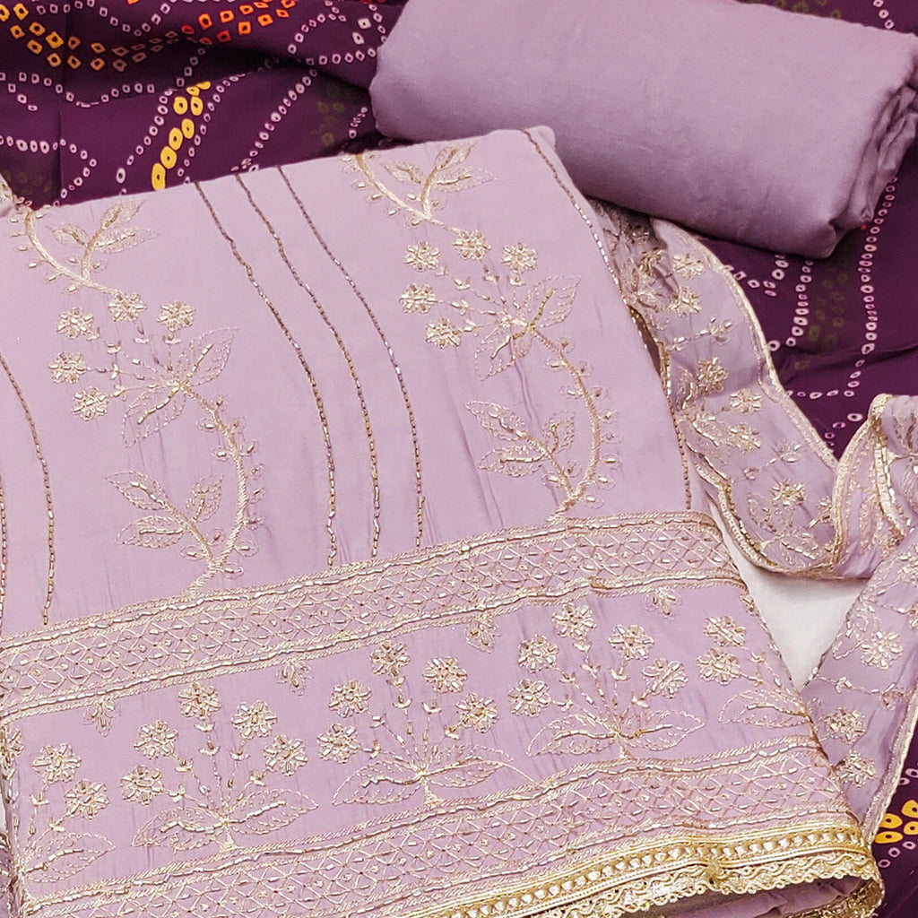 Lavender Cotton Silk Dress Material Embellished With Elegant Floral Hand Embroidery Work