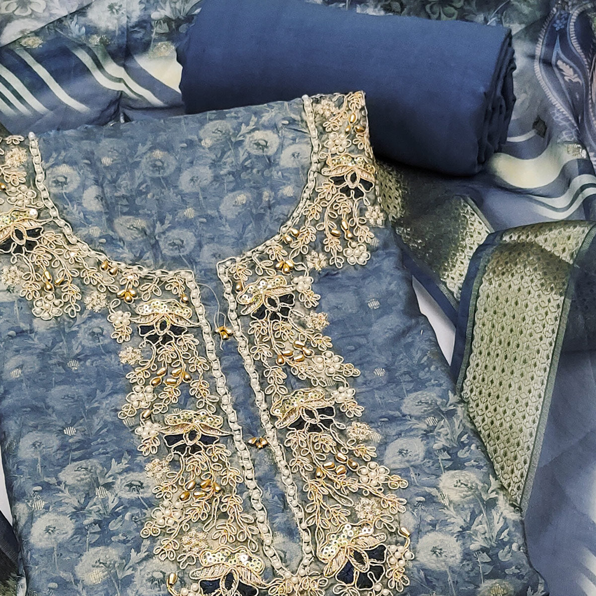 Blue Banarasi Cotton Blend Dress Material With Floral Digital Print & Elegant Moti Handwork