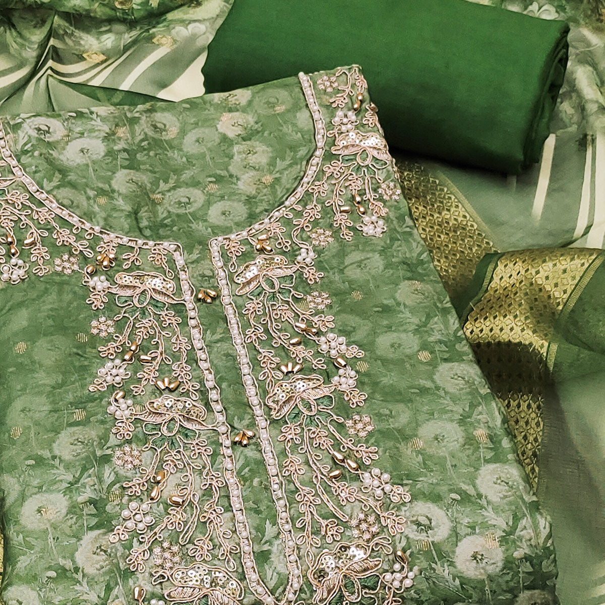 Green Banarasi Cotton Blend Dress Material With Floral Digital Print & Elegant Moti Handwork